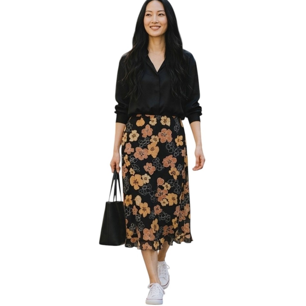 100% Silk Floral Midi Skirt Black Orange Fall Ruffle Hem Autumn Flowy Size M